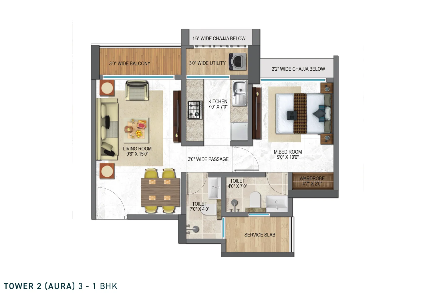1 BHK unit plan at Unimax Life Tower 2 Aura