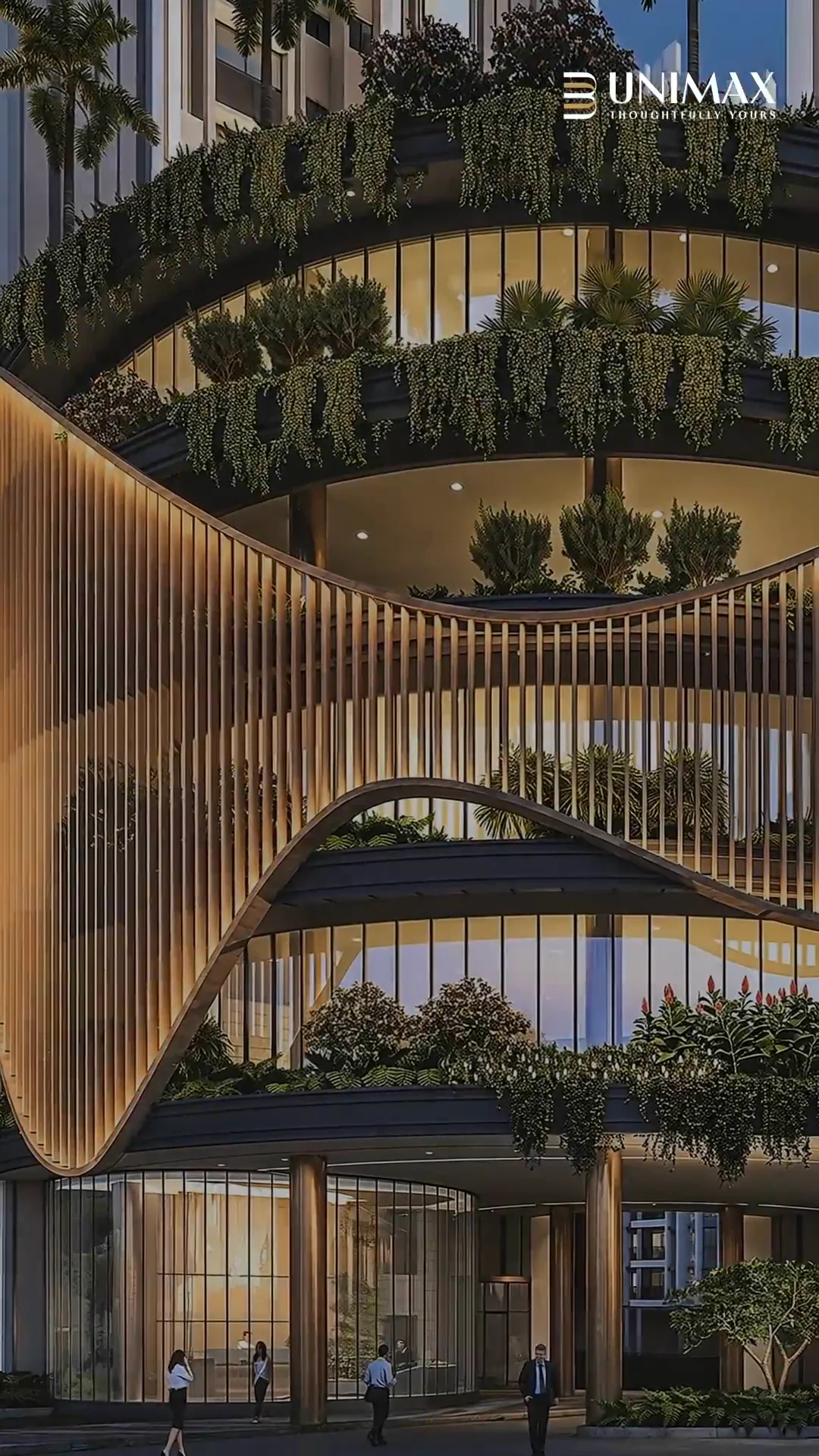 The ribbed Aer facade at Unimax Life at dusk, artist's impression