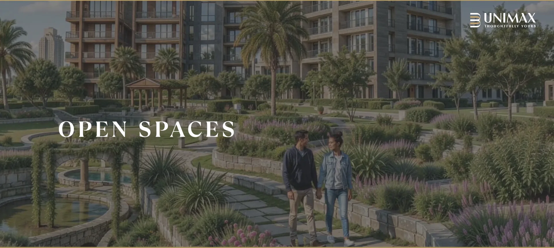 Landscaped walkway through the central green at Unimax Life, artist's impression