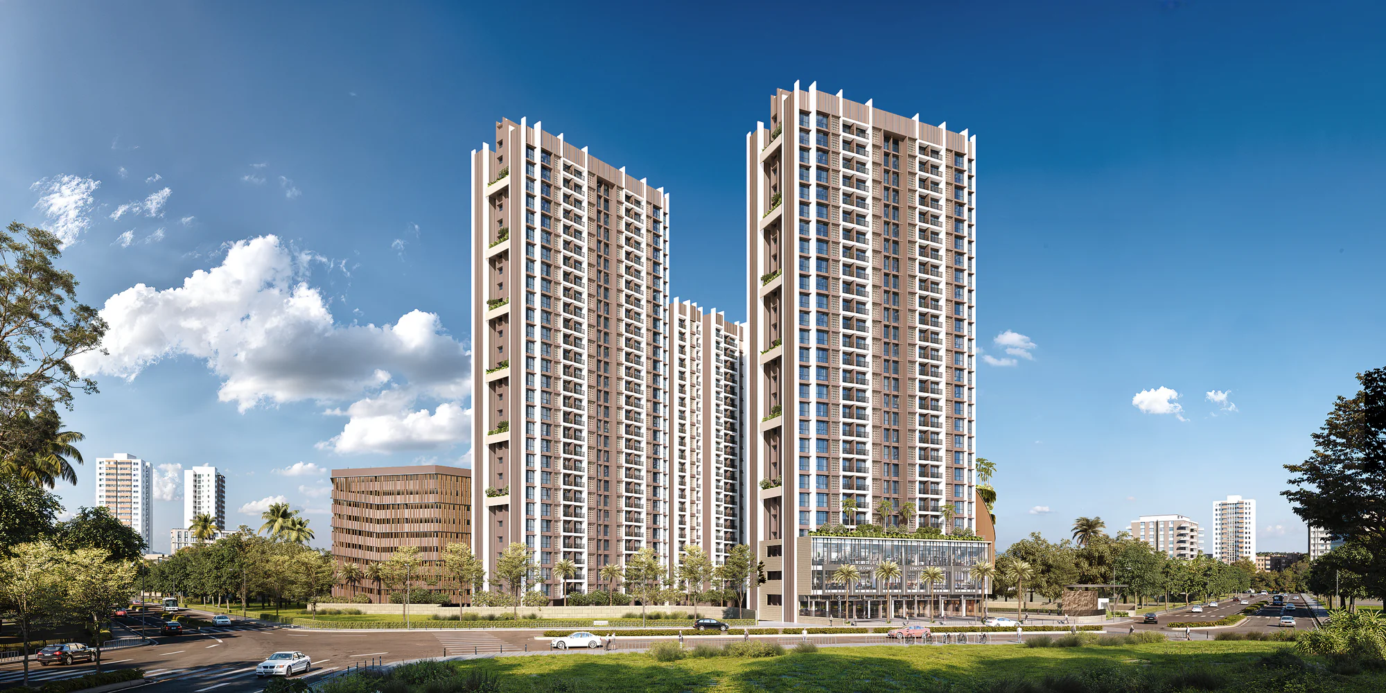 Unimax Life towers by day from the road, artist's impression