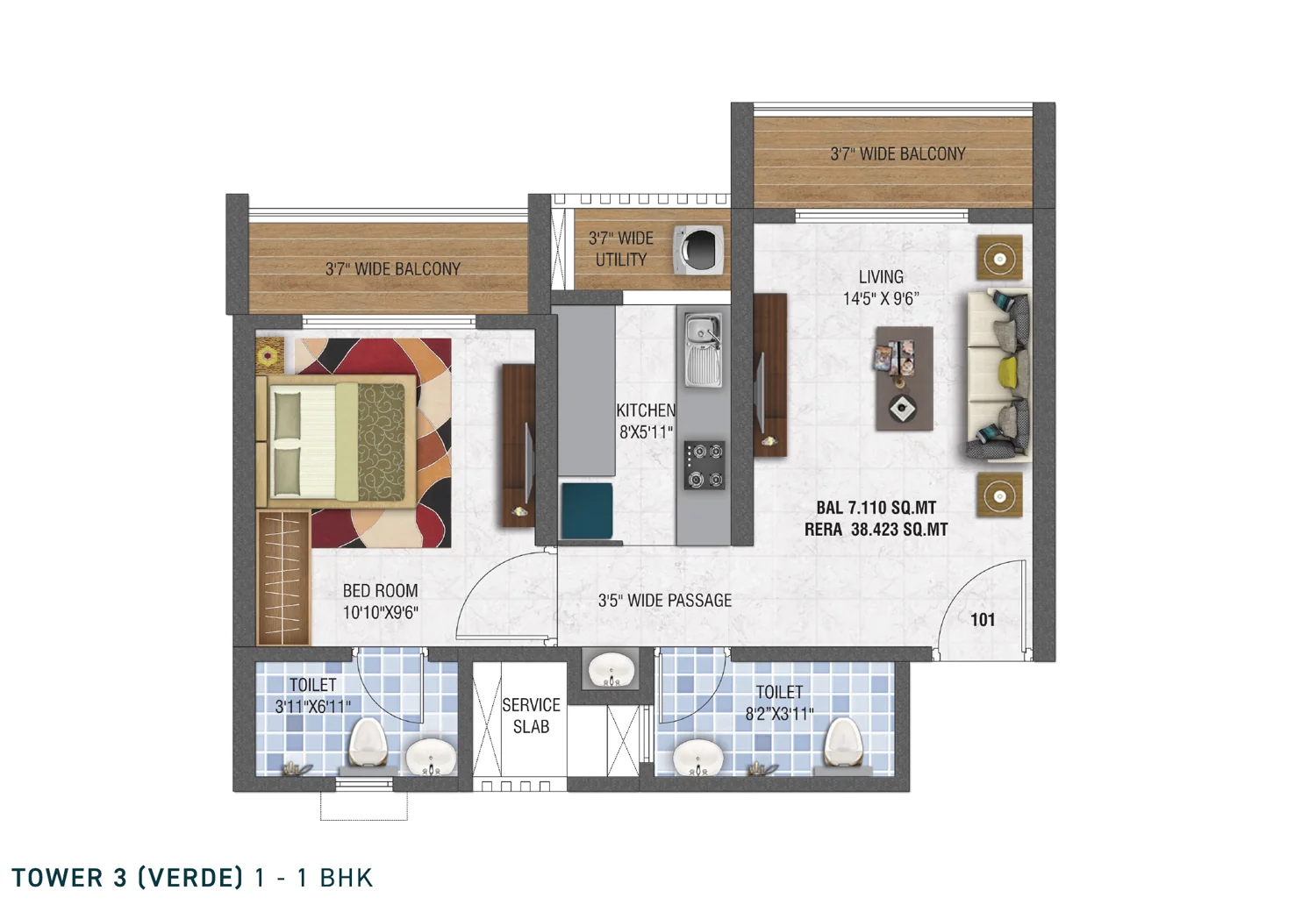 Unit 101 1 BHK plan at Unimax Life Tower 3 Verde, 38.423 sq m RERA carpet