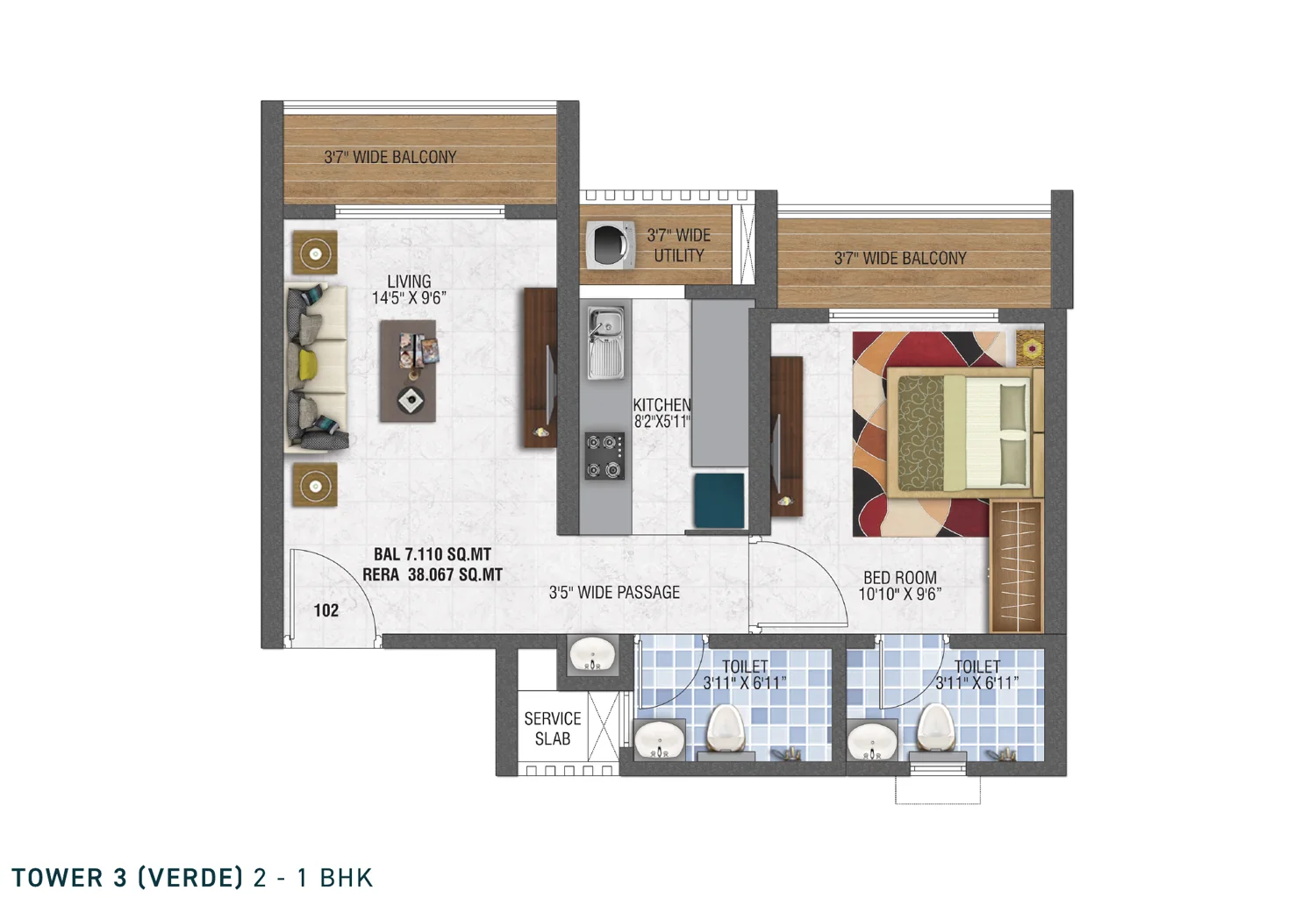 Unit 102 1 BHK plan at Unimax Life Tower 3 Verde, 38.067 sq m RERA carpet