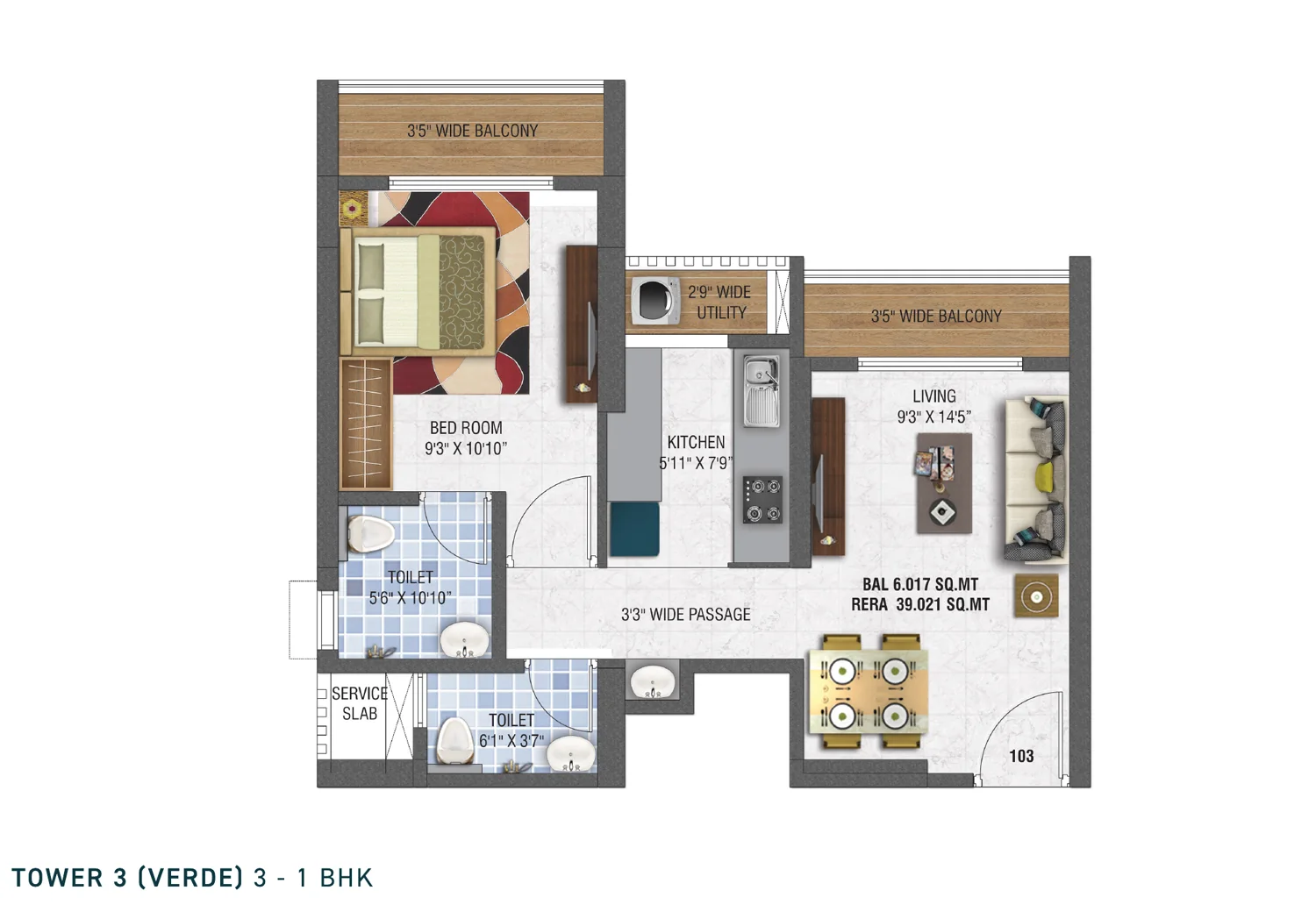 Unit 103 1 BHK plan at Unimax Life Tower 3 Verde, 39.021 sq m RERA carpet