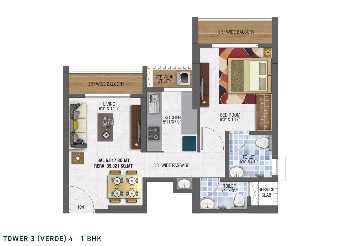Unit 104 1 BHK plan at Unimax Life Tower 3 Verde, 39.021 sq m RERA carpet