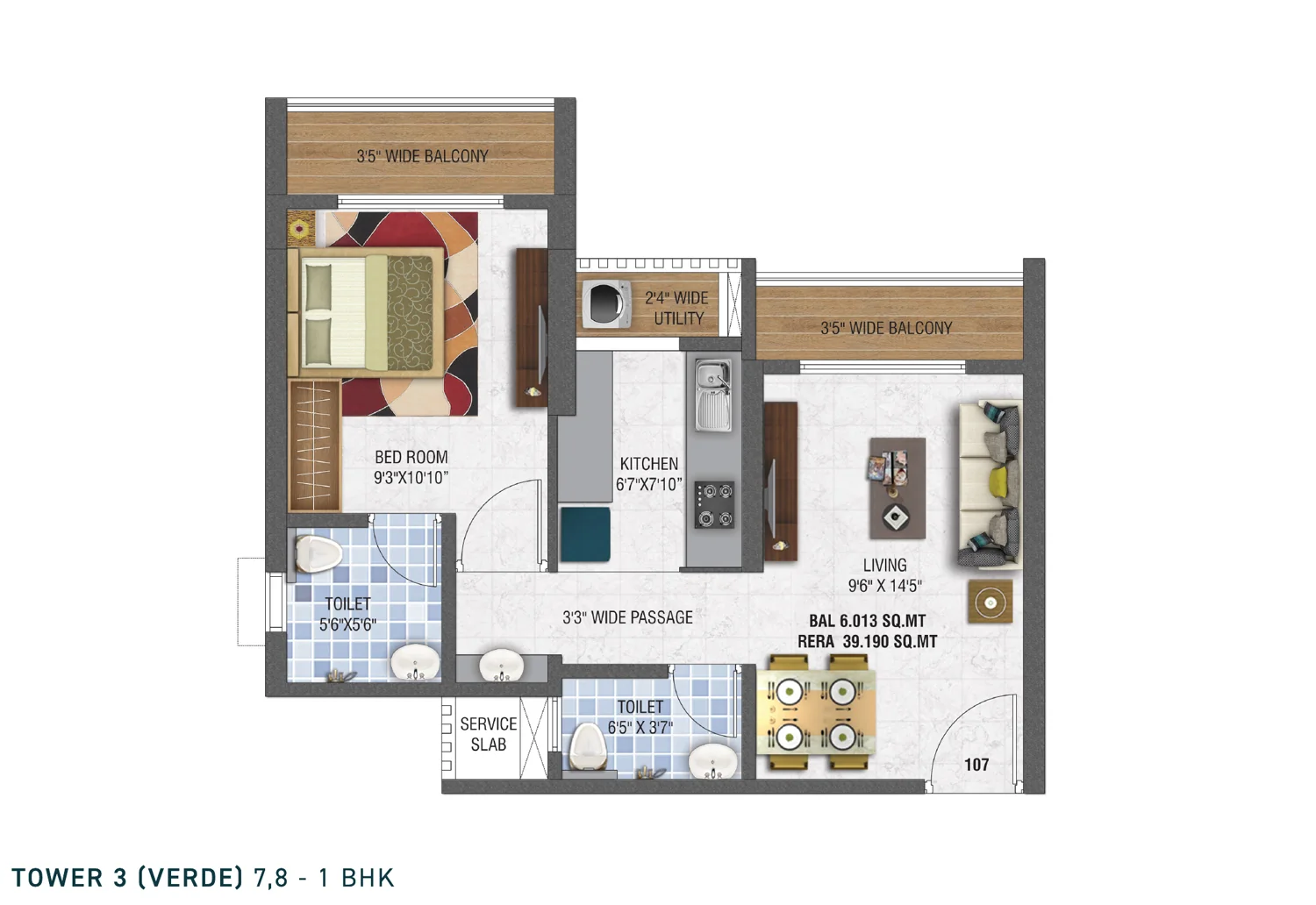 Units 107 and 108 1 BHK plan at Unimax Life Tower 3 Verde, 39.190 sq m RERA carpet